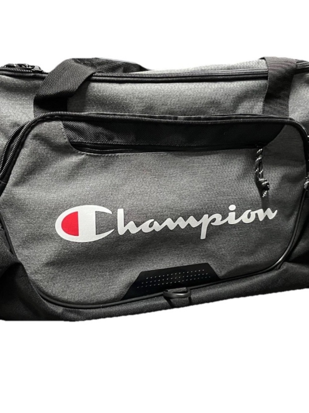 Champion Gray Duffel Bag with Red Accent Logo